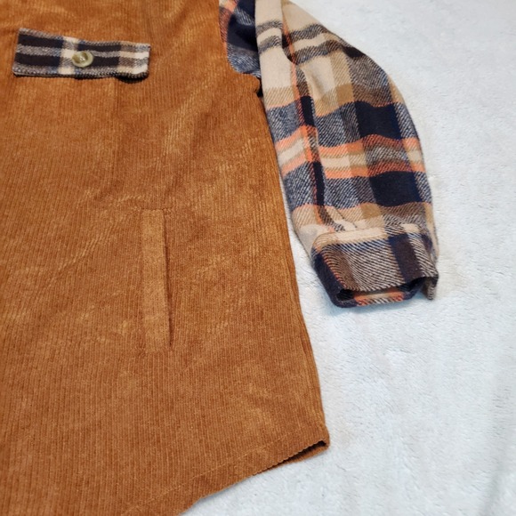 Prissy Jane Tan Corduroy Flannel Plaid Fall Cozy Casual Long Top Shacket XL - Picture 2 of 7